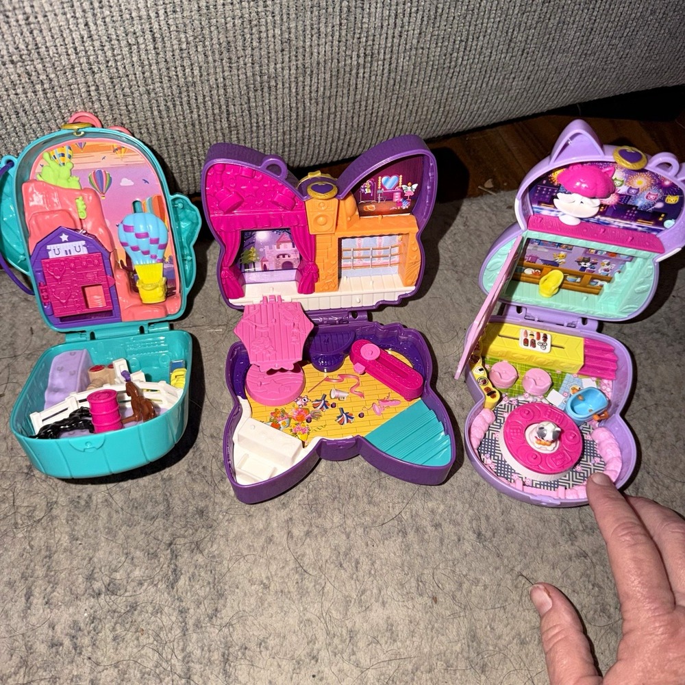 Polly Pocket Lot of 3 Compact Playsets Cat Café Stage Horse
